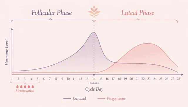 A chart of the menstrual cycle showing the follicular and luteal phases with estradiol and progesterone curves